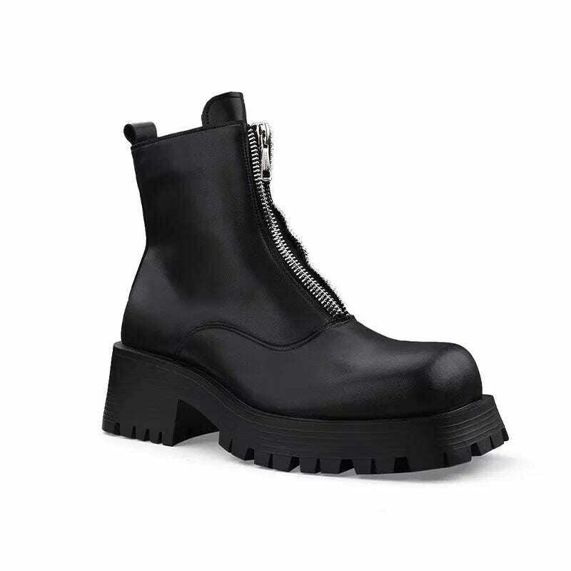 New Women MEN Leather Ankle Boots Shoes Round Toe Slip on Thick Bottom Elastic Cool Short Boots Footwear Botas De Mujer 43 44 - KIMLUD