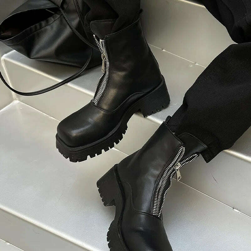 New Women MEN Leather Ankle Boots Shoes Round Toe Slip on Thick Bottom Elastic Cool Short Boots Footwear Botas De Mujer 43 44 - KIMLUD