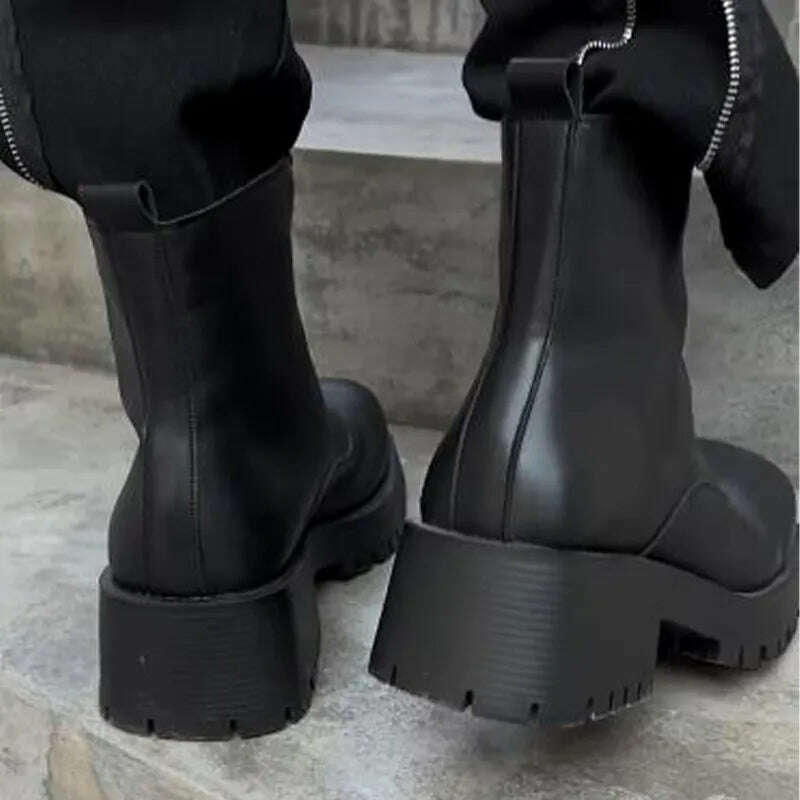 New Women MEN Leather Ankle Boots Shoes Round Toe Slip on Thick Bottom Elastic Cool Short Boots Footwear Botas De Mujer 43 44 - KIMLUD