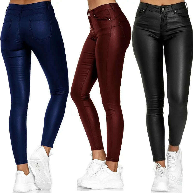 KIMLUD, New Women PU Leather Pants High Waist Skinny Push Up Leggings Elastic Trousers Spandex Jeggings Streetwear S-2XL, KIMLUD Womens Clothes