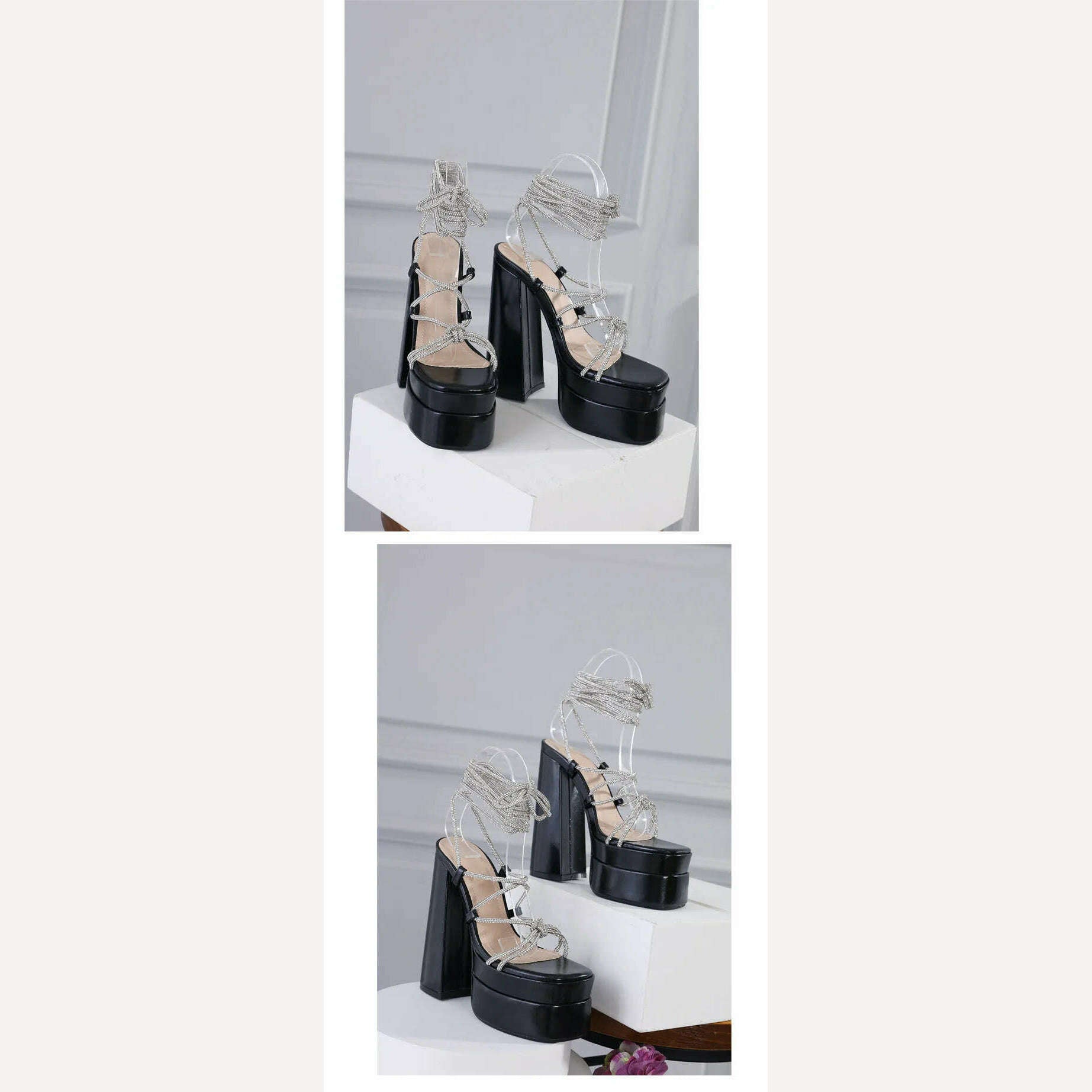 KIMLUD, New Women Sandansl High Heels Open Toe Ankle Strap Rhinestone Lace Up Gladiator Sandalias Platform Big Size Heeled, KIMLUD Womens Clothes