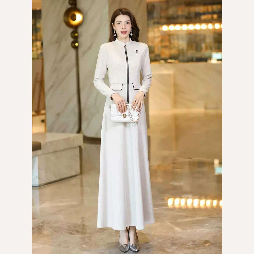 KIMLUD, New Women Spring Autumn Long Woolen Dress Fashion Small Stand Collar Long Sleeve Slim Thick Dress Elegant Beige Overlength Dress, KIMLUD Womens Clothes