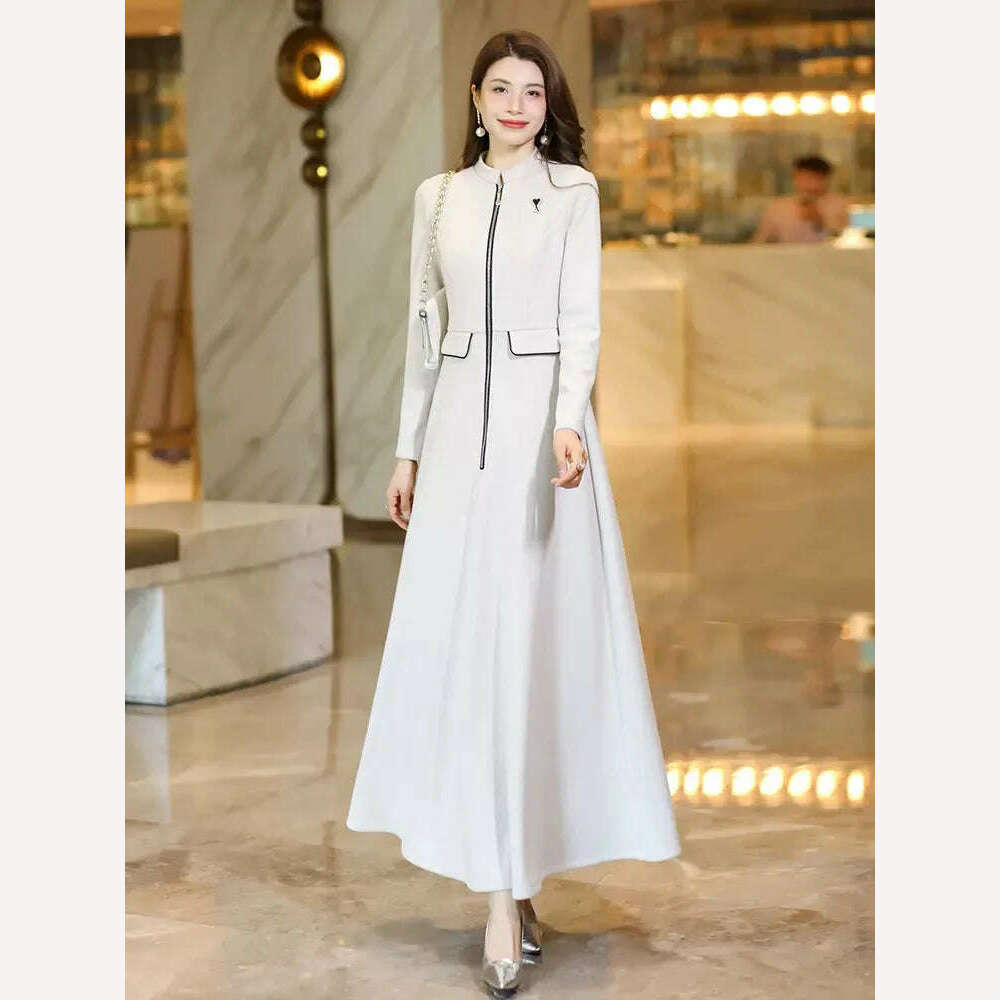 KIMLUD, New Women Spring Autumn Long Woolen Dress Fashion Small Stand Collar Long Sleeve Slim Thick Dress Elegant Beige Overlength Dress, KIMLUD Womens Clothes