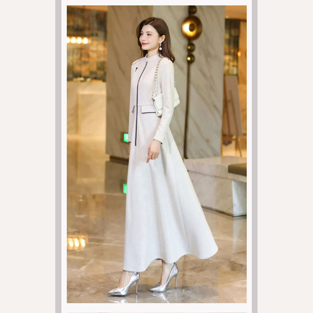 KIMLUD, New Women Spring Autumn Long Woolen Dress Fashion Small Stand Collar Long Sleeve Slim Thick Dress Elegant Beige Overlength Dress, KIMLUD Womens Clothes