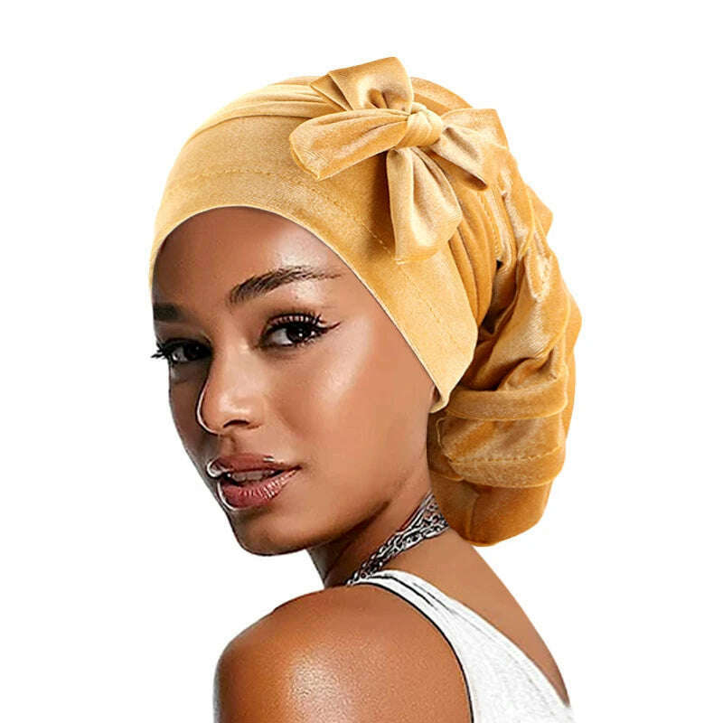 KIMLUD, New Women Velvet Rasta Turban with Ribbon Head Wrap Beanie Hair Loss Chemo Slouchy Baggy Cap Bonnet African Nigerian Headwear, KIMLUD Womens Clothes