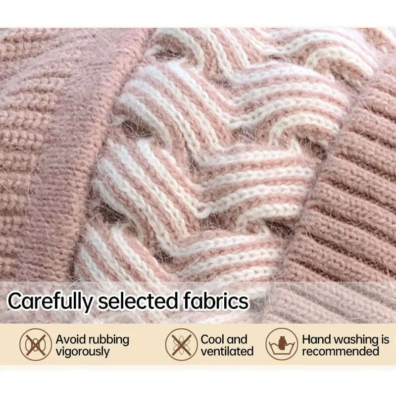 KIMLUD, New Women Winter Caps Beanies Thick Woolen Knitted Hat Scarf Set  Knitted  Bonnet Outdoor Ski Female Rabbit Hair Warm Headgear, KIMLUD Womens Clothes