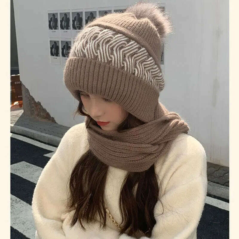 KIMLUD, New Women Winter Caps Beanies Thick Woolen Knitted Hat Scarf Set  Knitted  Bonnet Outdoor Ski Female Rabbit Hair Warm Headgear, KIMLUD Womens Clothes