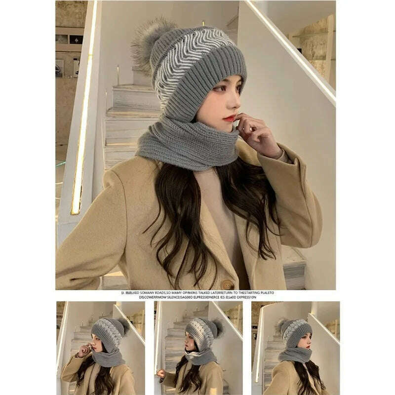 KIMLUD, New Women Winter Caps Beanies Thick Woolen Knitted Hat Scarf Set  Knitted  Bonnet Outdoor Ski Female Rabbit Hair Warm Headgear, KIMLUD Womens Clothes
