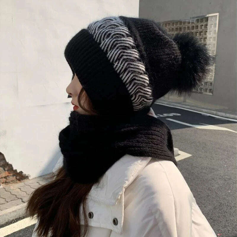 KIMLUD, New Women Winter Caps Beanies Thick Woolen Knitted Hat Scarf Set  Knitted  Bonnet Outdoor Ski Female Rabbit Hair Warm Headgear, black, KIMLUD APPAREL - Womens Clothes
