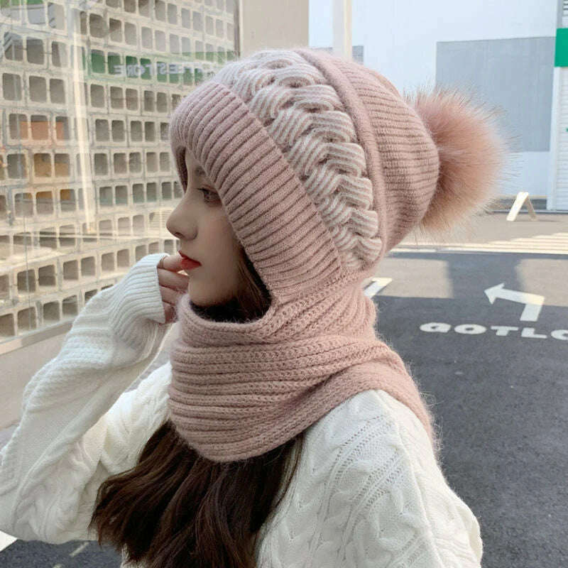KIMLUD, New Women Winter Caps Beanies Thick Woolen Knitted Hat Scarf Set  Knitted  Bonnet Outdoor Ski Female Rabbit Hair Warm Headgear, Pink, KIMLUD APPAREL - Womens Clothes