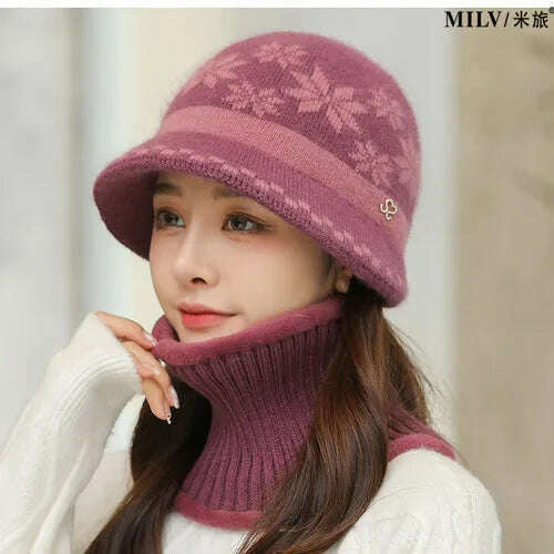 KIMLUD, New Women Winter Hat Keep Warm Cap Hat &amp; Scarf Set Fashion Hats For Women Casual Rabbit Fur Outdoor Knitted Bucket Hat, In the purple / Hat-bib, KIMLUD Womens Clothes