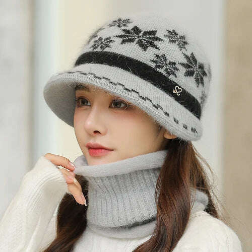 KIMLUD, New Women Winter Hat Keep Warm Cap Hat &amp; Scarf Set Fashion Hats For Women Casual Rabbit Fur Outdoor Knitted Bucket Hat, gray / Hat-bib, KIMLUD Women's Clothes