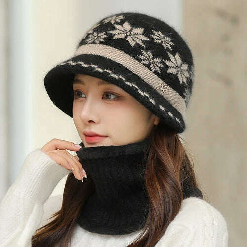 KIMLUD, New Women Winter Hat Keep Warm Cap Hat &amp; Scarf Set Fashion Hats For Women Casual Rabbit Fur Outdoor Knitted Bucket Hat, KIMLUD Womens Clothes