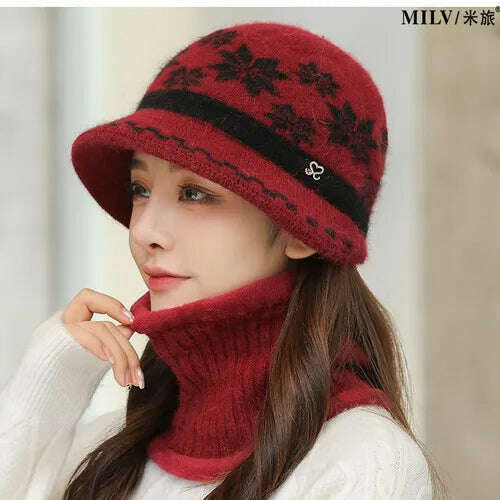 KIMLUD, New Women Winter Hat Keep Warm Cap Hat &amp; Scarf Set Fashion Hats For Women Casual Rabbit Fur Outdoor Knitted Bucket Hat, Red wine / Hat-bib, KIMLUD APPAREL - Womens Clothes