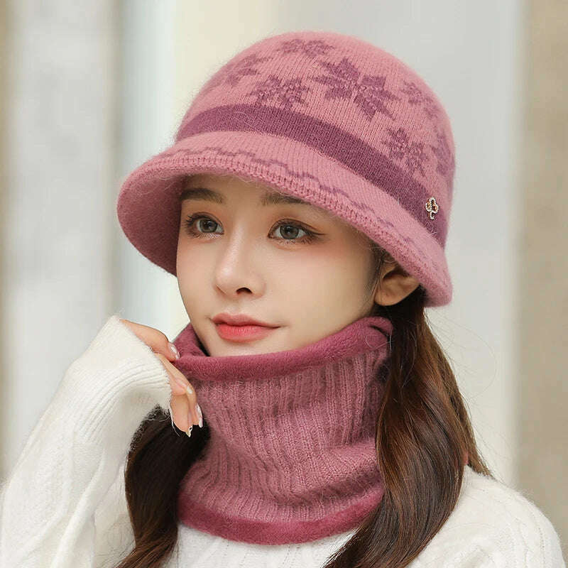 KIMLUD, New Women Winter Hat Keep Warm Cap Hat &amp; Scarf Set Fashion Hats For Women Casual Rabbit Fur Outdoor Knitted Bucket Hat, KIMLUD Womens Clothes