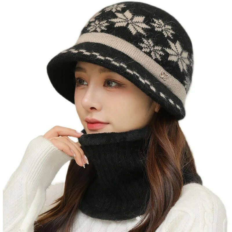 KIMLUD, New Women Winter Hat Keep Warm Cap Hat &amp; Scarf Set Fashion Hats For Women Casual Rabbit Fur Outdoor Knitted Bucket Hat, KIMLUD Womens Clothes