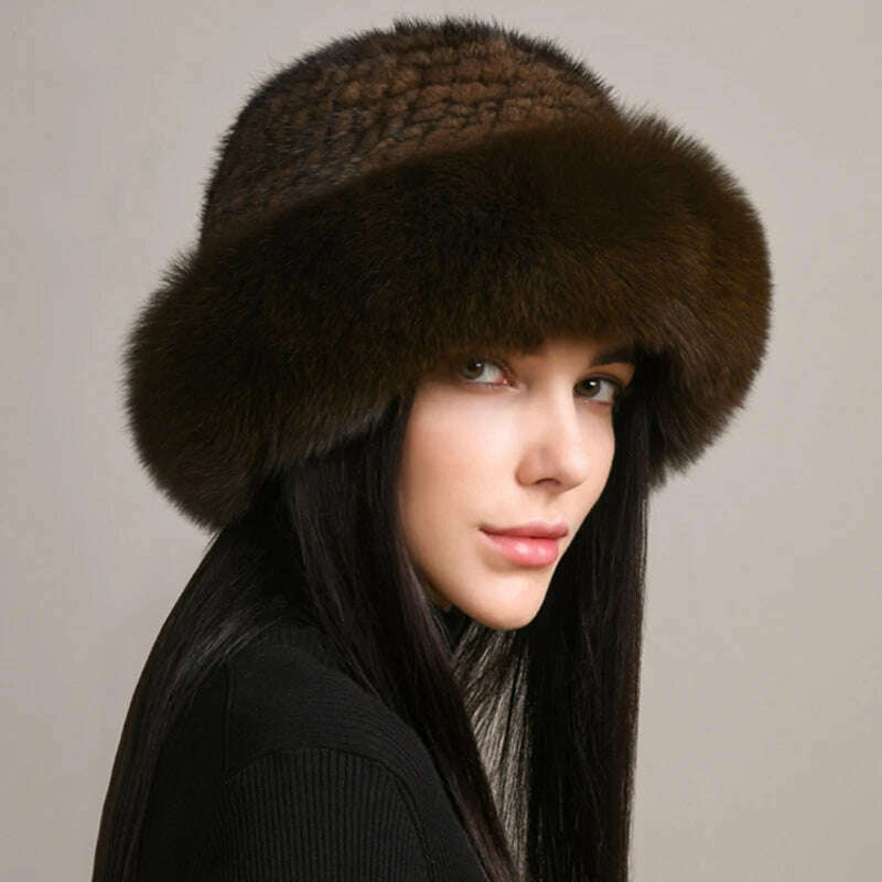 KIMLUD, New Women Winter Luxury Knitted Real Mink Fur Bomber Hat Natural Warm Fox Fur Cap Girls Quality Soft 100% Genuine Mink Fur Hats, dark brown / One Size, KIMLUD Women's Clothes