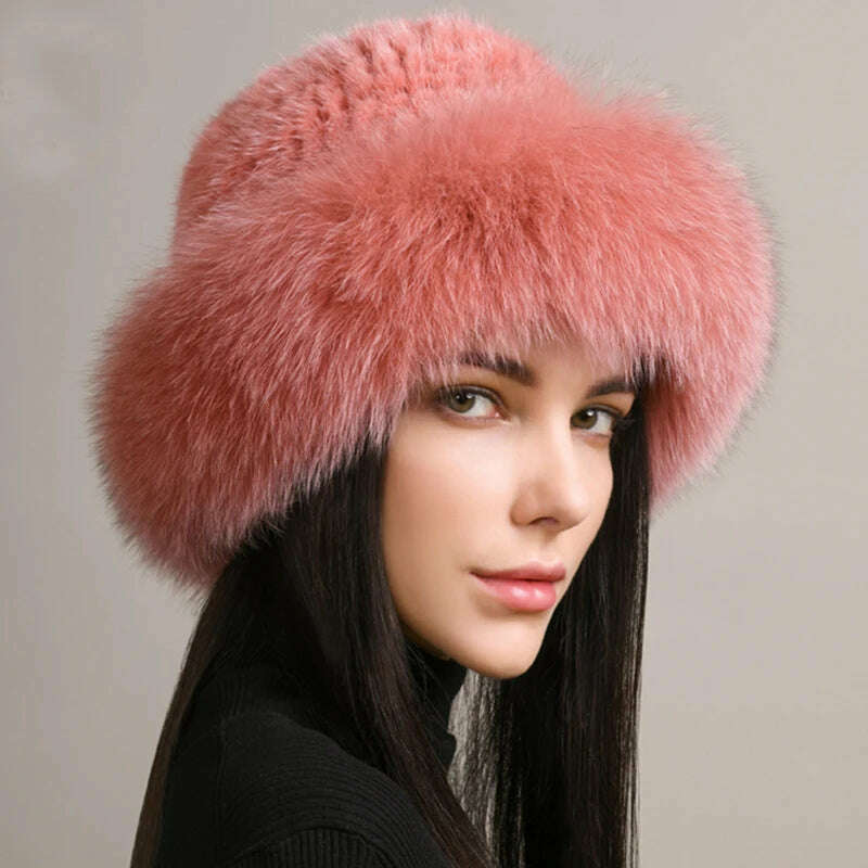 KIMLUD, New Women Winter Luxury Knitted Real Mink Fur Bomber Hat Natural Warm Fox Fur Cap Girls Quality Soft 100% Genuine Mink Fur Hats, dark pink / One Size, KIMLUD Women's Clothes