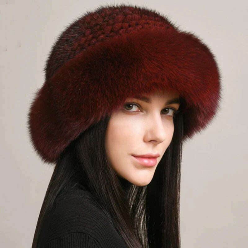 KIMLUD, New Women Winter Luxury Knitted Real Mink Fur Bomber Hat Natural Warm Fox Fur Cap Girls Quality Soft 100% Genuine Mink Fur Hats, wine red / One Size, KIMLUD Women's Clothes