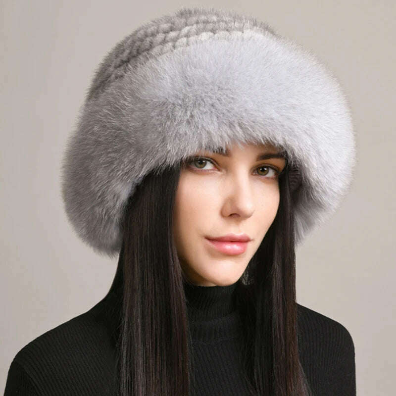 KIMLUD, New Women Winter Luxury Knitted Real Mink Fur Bomber Hat Natural Warm Fox Fur Cap Girls Quality Soft 100% Genuine Mink Fur Hats, grey / One Size, KIMLUD Women's Clothes