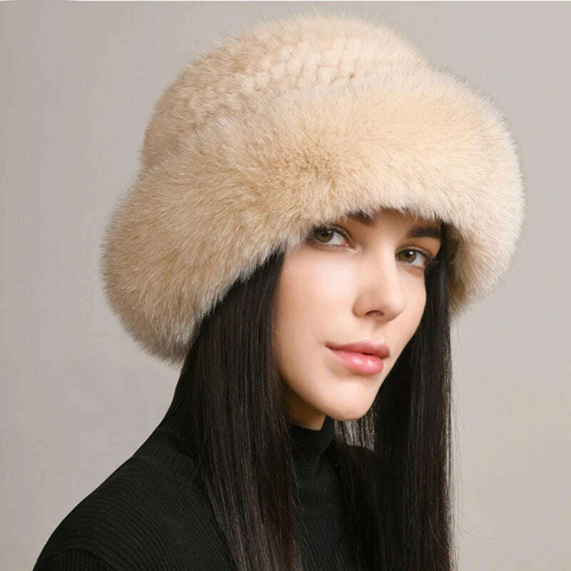 KIMLUD, New Women Winter Luxury Knitted Real Mink Fur Bomber Hat Natural Warm Fox Fur Cap Girls Quality Soft 100% Genuine Mink Fur Hats, beige / One Size, KIMLUD Women's Clothes