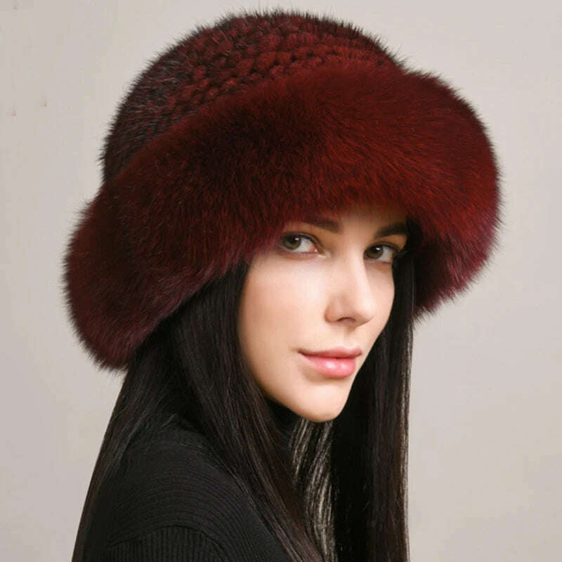 KIMLUD, New Women Winter Luxury Knitted Real Mink Fur Bomber Hat Natural Warm Fox Fur Cap Girls Quality Soft 100% Genuine Mink Fur Hats, KIMLUD Womens Clothes