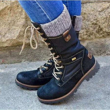 New Women&#39;s Boots Round Toe Low Heel Side Zip Mid Boots Vintage Platform Comfort Vulcanized Shoes Bota Longa Feminina - KIMLUD