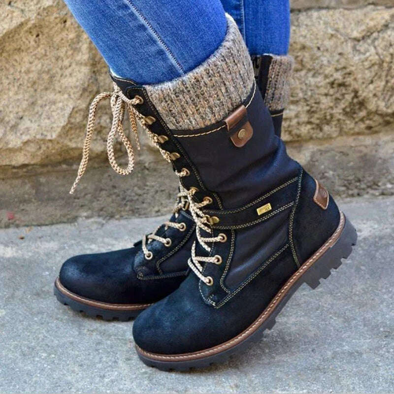New Women&#39;s Boots Round Toe Low Heel Side Zip Mid Boots Vintage Platform Comfort Vulcanized Shoes Bota Longa Feminina - KIMLUD