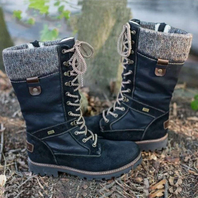 New Women&#39;s Boots Round Toe Low Heel Side Zip Mid Boots Vintage Platform Comfort Vulcanized Shoes Bota Longa Feminina - KIMLUD