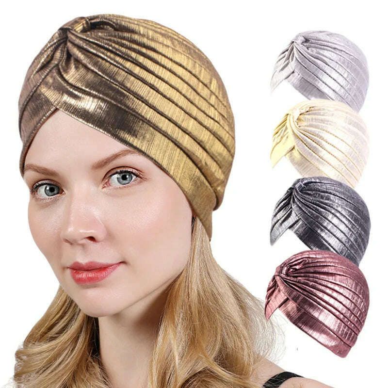 New Women's Metallic Pleated Knot Turban Hat Retro Ethnic Hat Elastic Head Wrap Shiny Beanies Head Scarf Bonnet Chemo Cap - KIMLUD