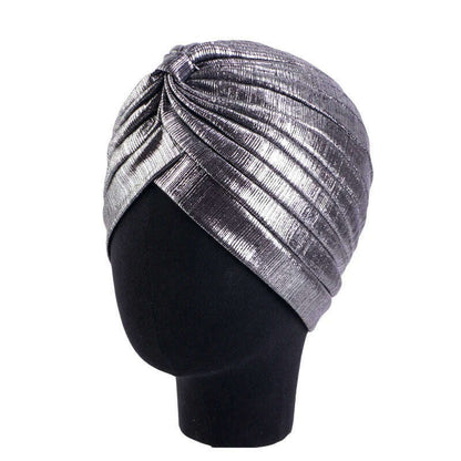 KIMLUD, New Women's Metallic Pleated Knot Turban Hat Retro Ethnic Hat Elastic Head Wrap Shiny Beanies Head Scarf Bonnet Chemo Cap, KIMLUD Womens Clothes