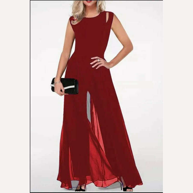 KIMLUD, New2023 Women's Summer Casual Jumpsuits Solid Elegant Sleeveless High Waist Women One Pieces Overalls Female Party Club Outfits, Wine Red / S, KIMLUD Women's Clothes