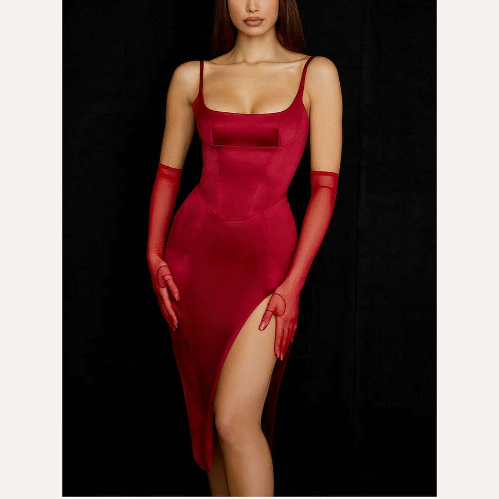 NewAsia Satin Dress Spaghetti Strap Cut out Split Double Layer Lining High Waist Midi Dress Chic Black Dress Woman Party Robe - KIMLUD