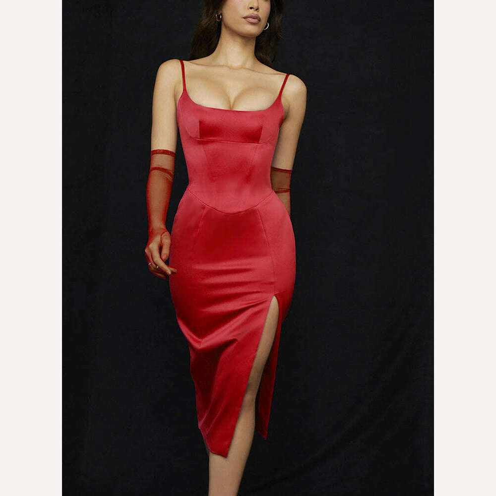 NewAsia Satin Dress Spaghetti Strap Cut out Split Double Layer Lining High Waist Midi Dress Chic Black Dress Woman Party Robe - KIMLUD
