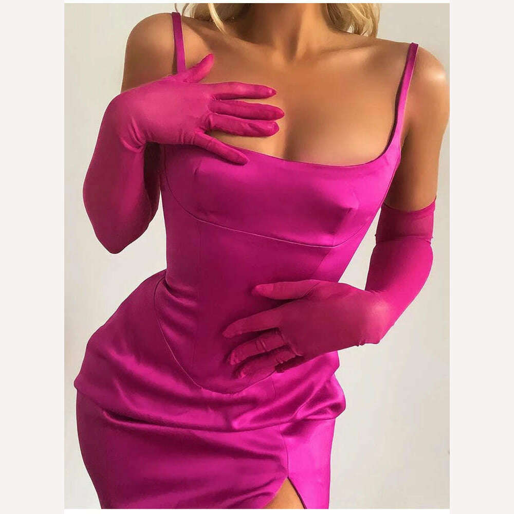 NewAsia Satin Dress Spaghetti Strap Cut out Split Double Layer Lining High Waist Midi Dress Chic Black Dress Woman Party Robe - KIMLUD