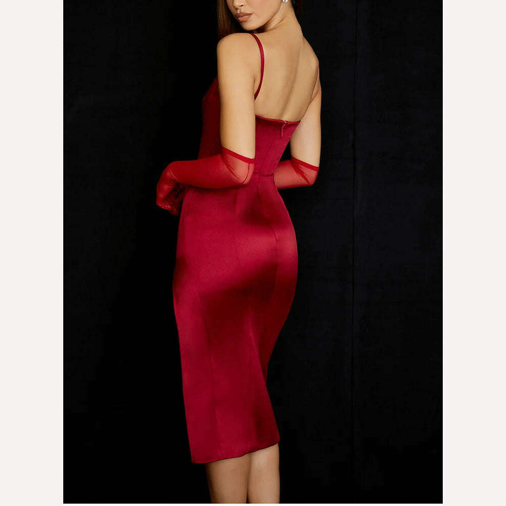 NewAsia Satin Dress Spaghetti Strap Cut out Split Double Layer Lining High Waist Midi Dress Chic Black Dress Woman Party Robe - KIMLUD