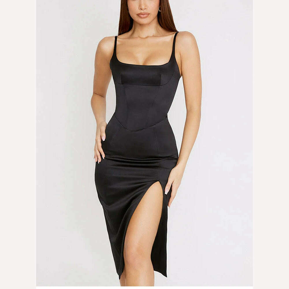 NewAsia Satin Dress Spaghetti Strap Cut out Split Double Layer Lining High Waist Midi Dress Chic Black Dress Woman Party Robe - KIMLUD