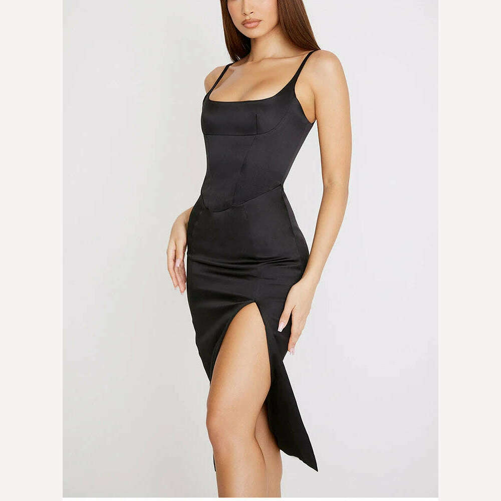 KIMLUD, NewAsia Satin Dress Spaghetti Strap Cut out Split Double Layer Lining High Waist Midi Dress Chic Black Dress Woman Party Robe, KIMLUD Women's Clothes