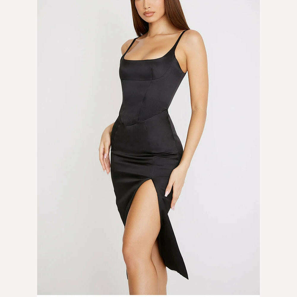 NewAsia Satin Dress Spaghetti Strap Cut out Split Double Layer Lining High Waist Midi Dress Chic Black Dress Woman Party Robe - KIMLUD