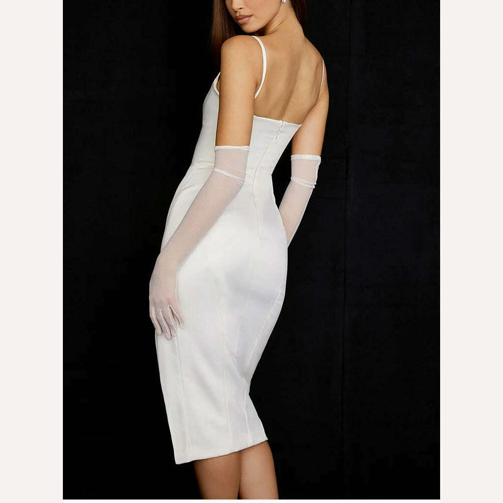NewAsia Satin Dress Spaghetti Strap Cut out Split Double Layer Lining High Waist Midi Dress Chic Black Dress Woman Party Robe - KIMLUD