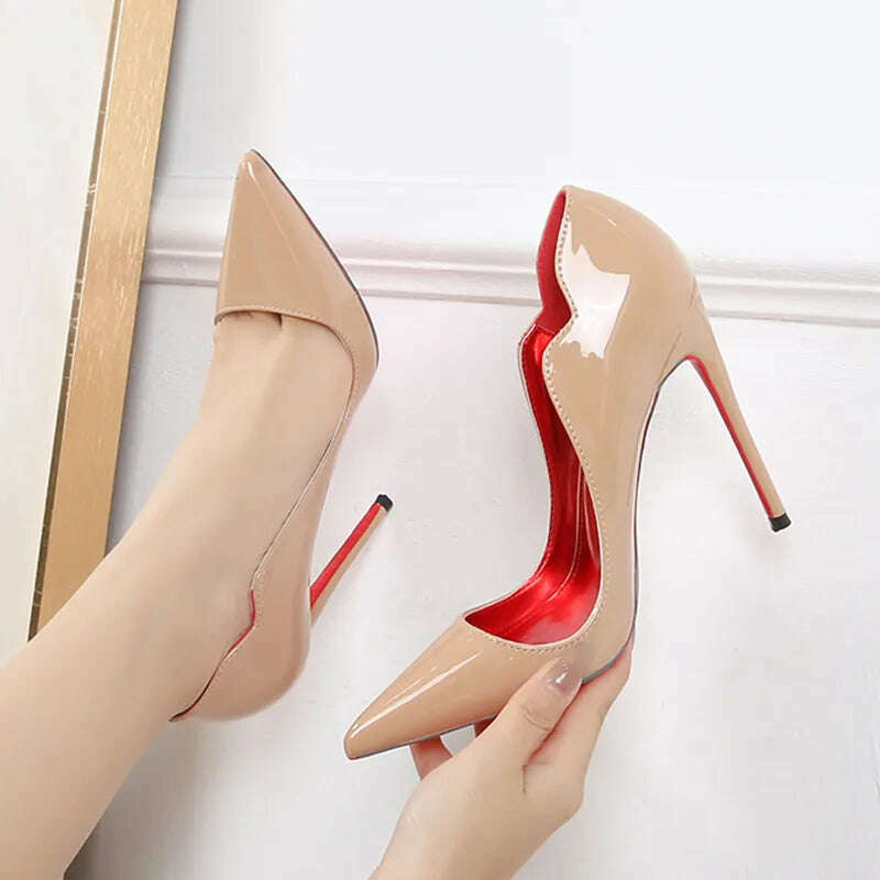 KIMLUD, Newly Women Sexy Elegant Pumps Stilettos Glossy Patent Side V Cut High Heels Pointed Toe Party Curl Cut Celebrity Shoes Size46, KIMLUD Women's Clothes