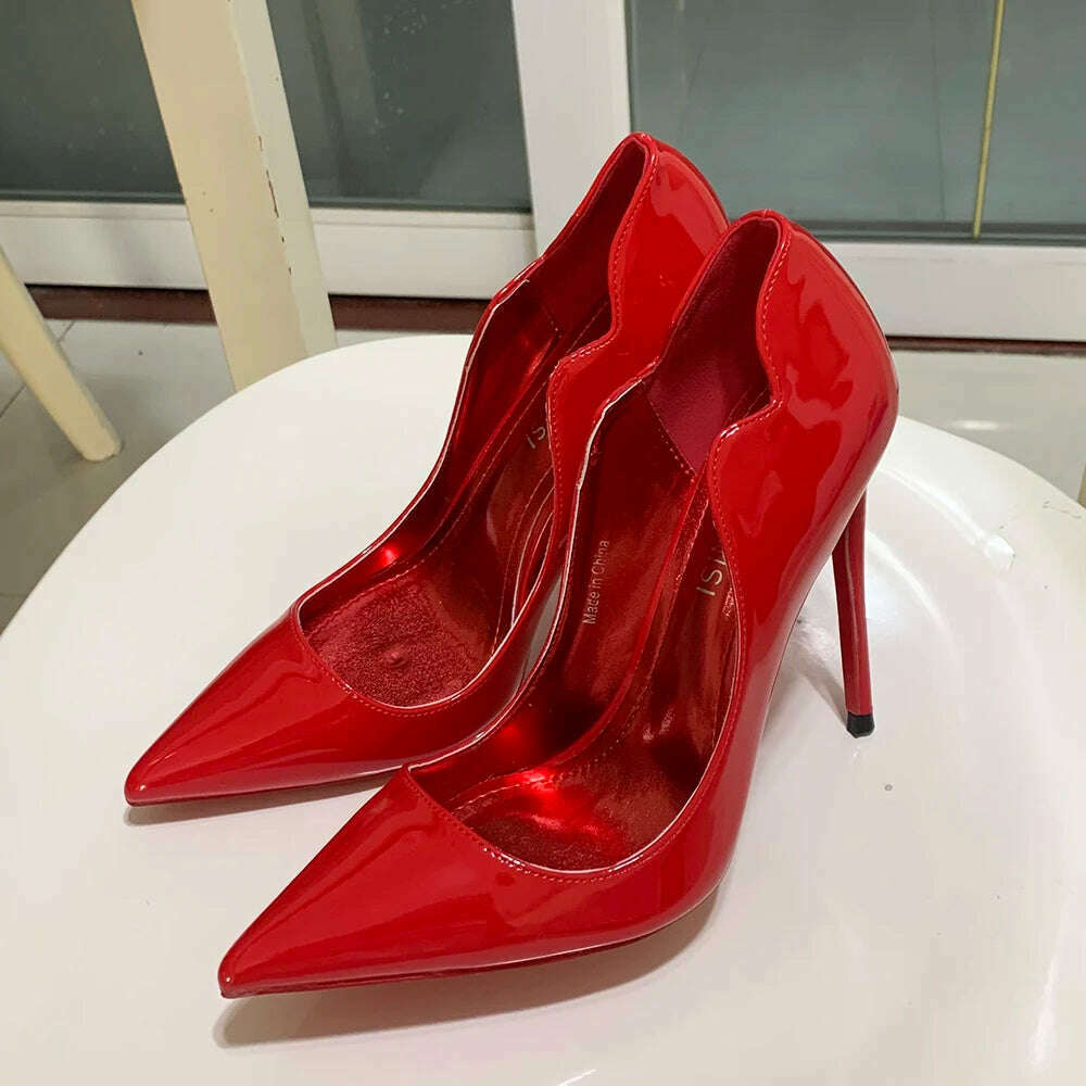 KIMLUD, Newly Women Sexy Elegant Pumps Stilettos Glossy Patent Side V Cut High Heels Pointed Toe Party Curl Cut Celebrity Shoes Size46, KIMLUD Womens Clothes