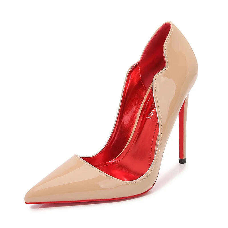 KIMLUD, Newly Women Sexy Elegant Pumps Stilettos Glossy Patent Side V Cut High Heels Pointed Toe Party Curl Cut Celebrity Shoes Size46, KIMLUD Womens Clothes
