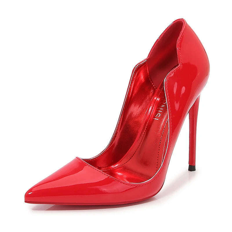 KIMLUD, Newly Women Sexy Elegant Pumps Stilettos Glossy Patent Side V Cut High Heels Pointed Toe Party Curl Cut Celebrity Shoes Size46, Red / 35 / China, KIMLUD Women's Clothes