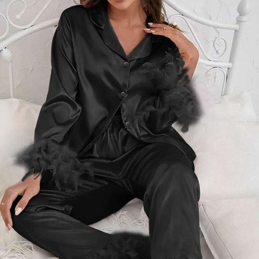 KIMLUD, NHKDSASA Feathers Sleepwear Female 2 Piece Set Long Sleeve Turn Down Collar Tops Satin Casual Women Sets With Pants Summer 2022, Black / S, KIMLUD Womens Clothes