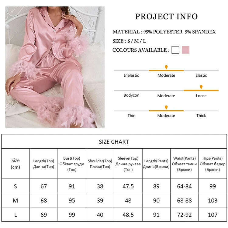 KIMLUD, NHKDSASA Feathers Sleepwear Female 2 Piece Set Long Sleeve Turn Down Collar Tops Satin Casual Women Sets With Pants Summer 2022, KIMLUD Womens Clothes