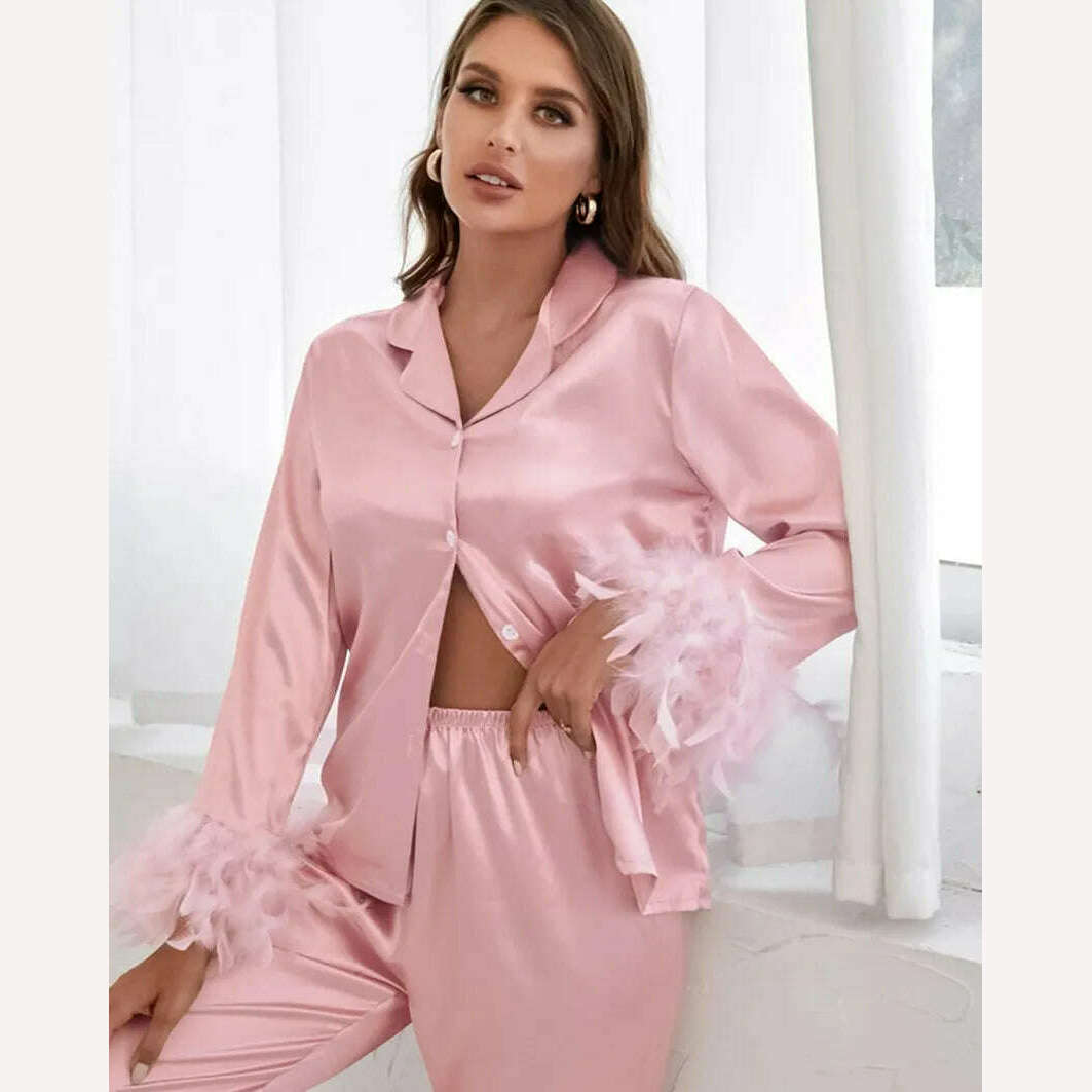NHKDSASA Feathers Sleepwear Female 2 Piece Set Long Sleeve Turn Down Collar Tops Satin Casual Women Sets With Pants Summer 2022 - KIMLUD