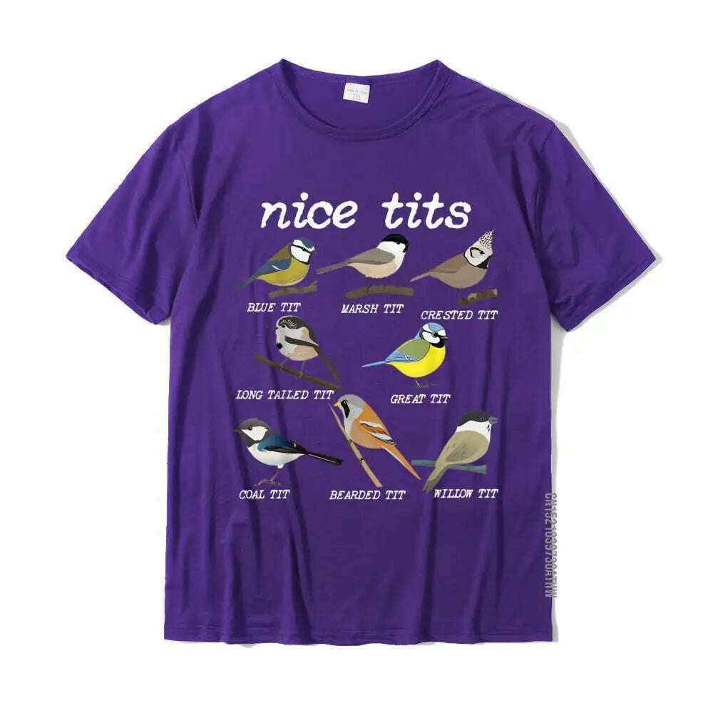 KIMLUD, Nice Tits Funny Bird Watching Funny Tit Birds Birdwatcher T-Shirt Cotton Tops T Shirt Design Special Street T Shirts, PURPLE / XL, KIMLUD Womens Clothes