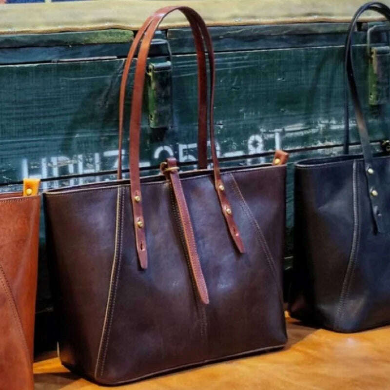 KIMLUD, Niche Design Women Bags Retro Luxury New Genuine Leather Lady Handbags Large Capacity Fashion Tote Bag Portable Shoulder Bags, Coffee, KIMLUD Women's Clothes