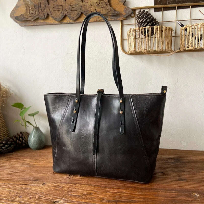 KIMLUD, Niche Design Women Bags Retro Luxury New Genuine Leather Lady Handbags Large Capacity Fashion Tote Bag Portable Shoulder Bags, Black, KIMLUD Womens Clothes